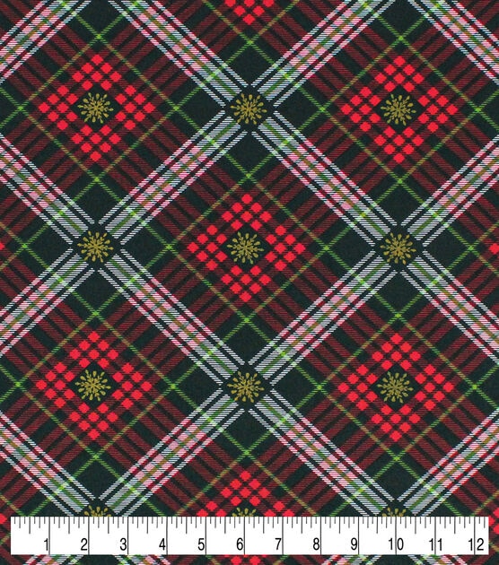 Snowflakes on Bias Plaid Christmas Metallic Cotton Fabric, , hi-res, image 3
