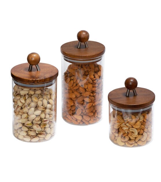 Honey Can Do 4" x 9" 3ct Glass Canisters & Wood Acacia Lids