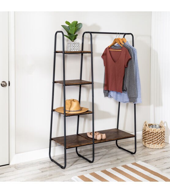 Honey Can Do 60lbs Freestanding Metal Clothing Rack With Wood Shelves, , hi-res, image 2