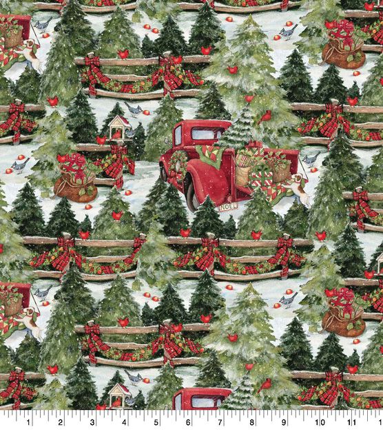 Springs Creative Pine Trees & Fence Christmas Cotton Fabric