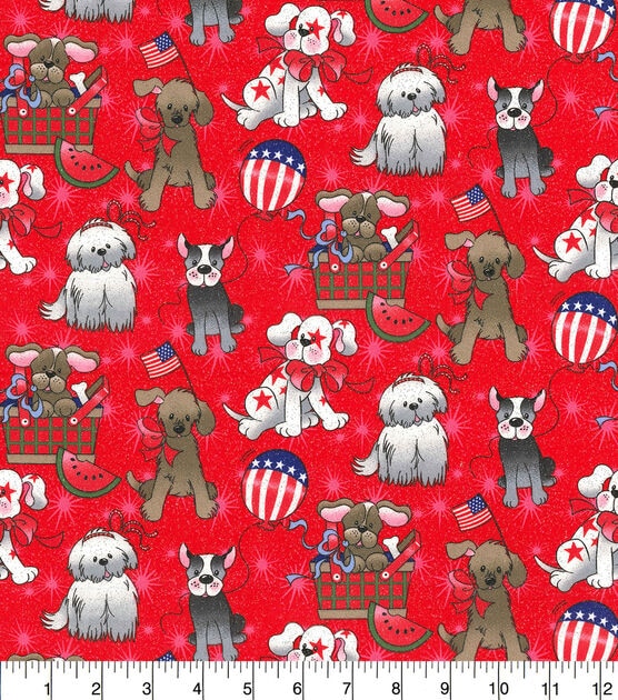 Fabric Traditions Dog Patriotic Red Glitter Patriotic Cotton Fabric
