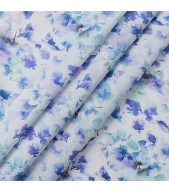 Blurred Floral & Leaves Blue Packed Premium Cotton Lawn Fabric, , hi-res, image 2
