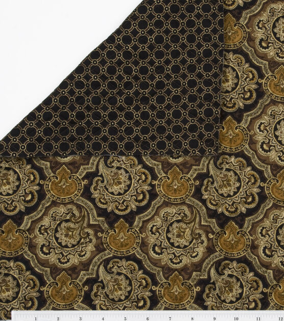 Fabric Traditions Black & Brown Floral Rings Double Faced Pre Quilted Cotton Fabric