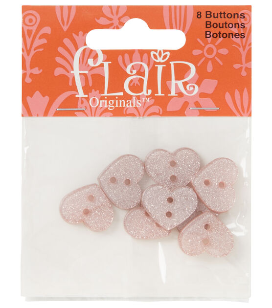 Flair Originals 5/8" Light Pink Glitter Heart 2 Hole Buttons 8pc