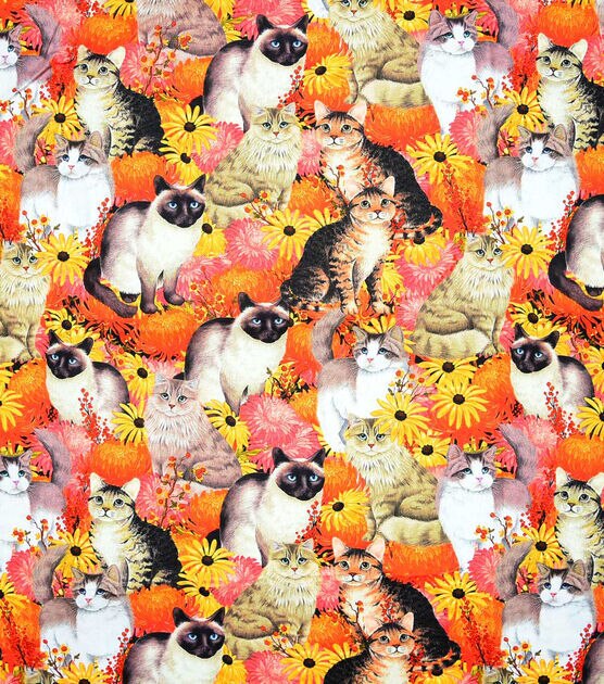 Cats In Flower Garden Novelty Cotton Fabric