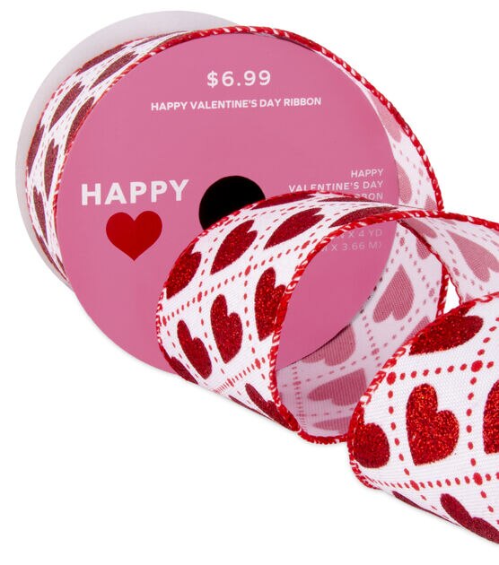 Happy Valentine's Day Linen Ribbon 2.5 - Red Glitter Hearts