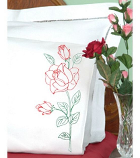 Jack Dempsey 2pk Stemmed Rose Stamped Perle Edge Pillowcases