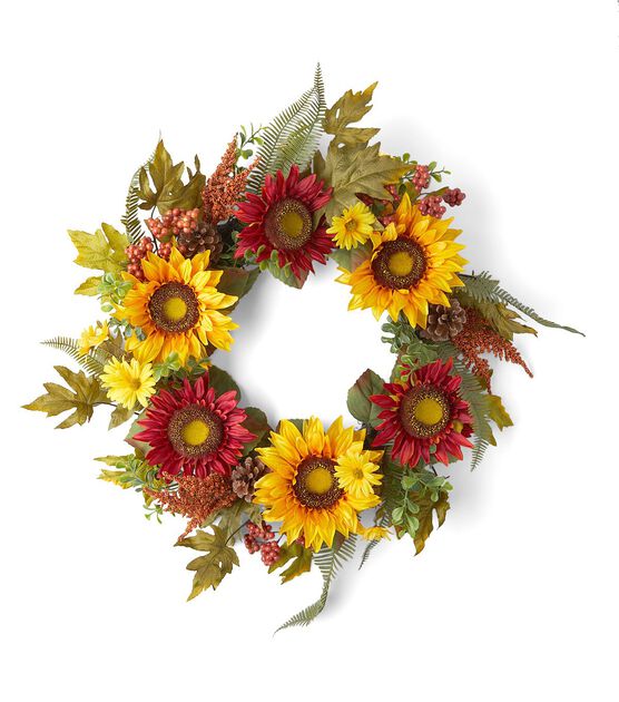24" Fall Yellow Sunflower & Red Daisy Wreath by Bloom Room