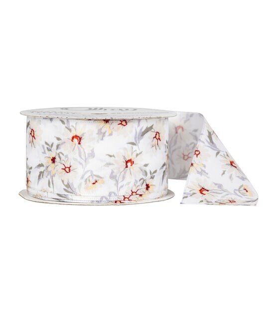 Offray 1.5" White Floral Single Faced Satin Ribbon