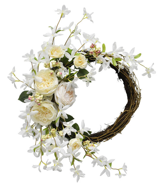 20" Spring White Forsythia & Yellow Rose Wreath by Bloom Room