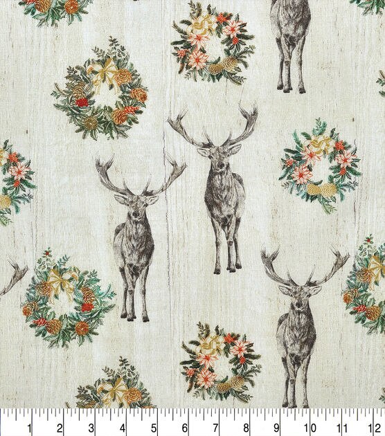 Deer & Wreaths Christmas Cotton Fabric