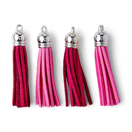 2" Fuchsia & Pink Suede Tassel Pendants 4ct by hildie & jo, , hi-res, image 2