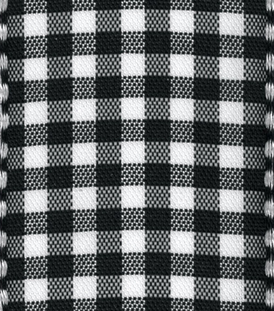 Offray 1.5" x 9' Gingham Tafetta Ribbon With Wired Edge, White And Black, swatch, image 1