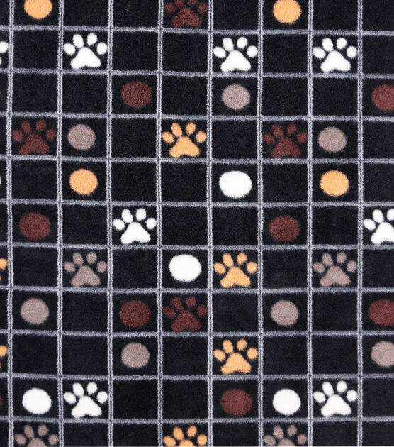 Paws on Black Grid Anti Pill Fleece Fabric