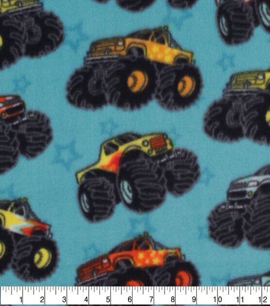 Monster Trucks on Teal Anti Pill Fleece Fabric