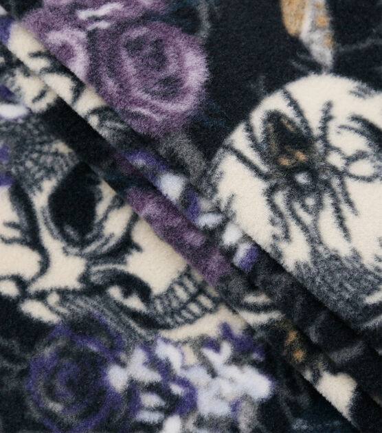 Purple & White Floral Skulls Anti Pill Fleece Fabric, , hi-res, image 2