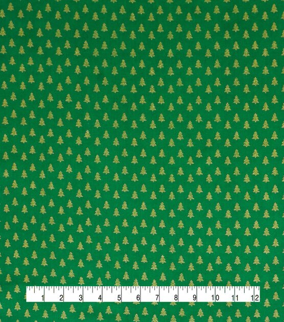 Tiny Trees on Green Christmas Glitter Cotton Fabric