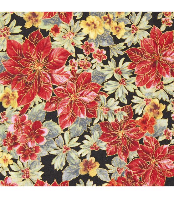 Poinsettias & Floral on Black Christmas Metallic Cotton Fabric