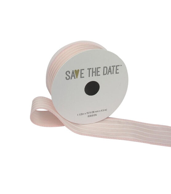 Save the Date 1.5" x 15' White Stripes on Blush Ribbon