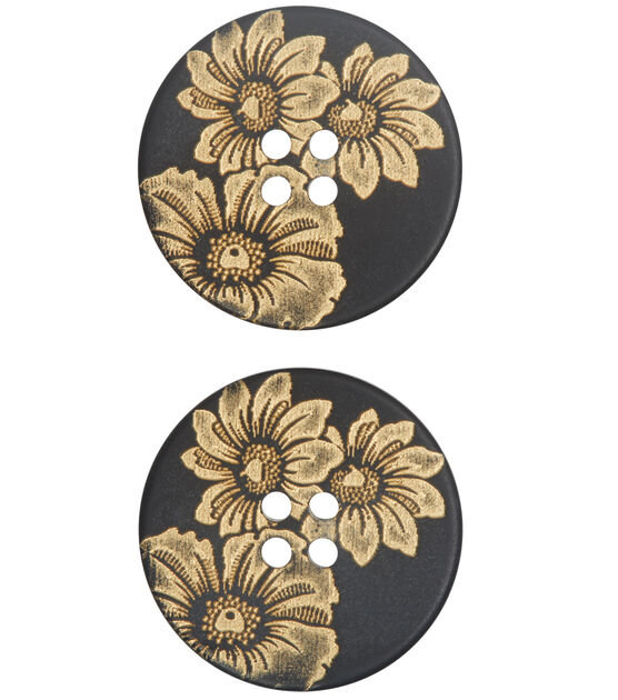 La Mode 1" Gold Flowers on Black 4 Hole Buttons 2pk, , hi-res, image 3