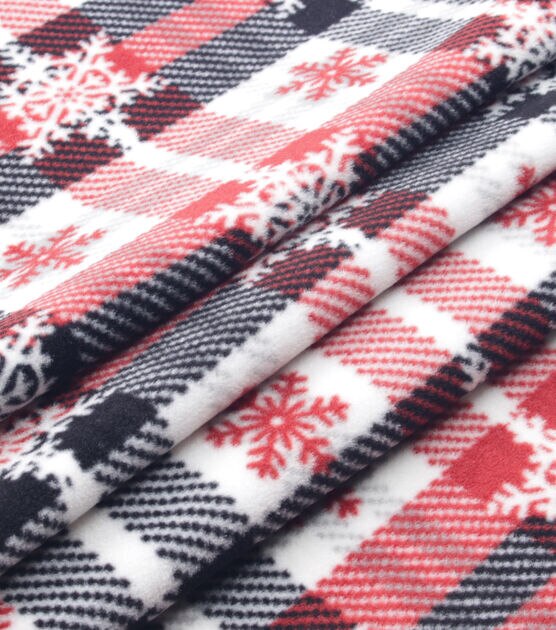 Snowflakes on Red & Black Plaid Anti Pill Fleece Fabric, , hi-res, image 2