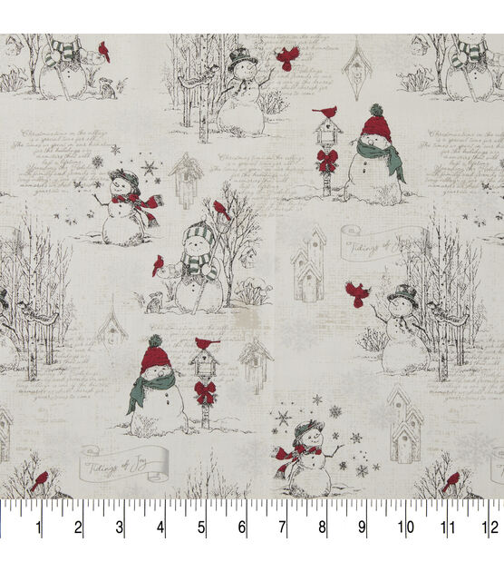 Happy Snowman on Cream Christmas Metallic Cotton Fabric, , hi-res, image 3