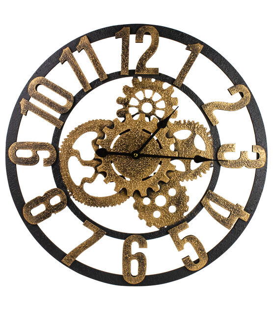 Northlight 24" Gold  Black Battery Operated Round Wall Clock with Cogs