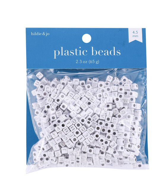 4.5mm Silver Letters on White Square Plastic Beads 2.3oz by hildie & jo