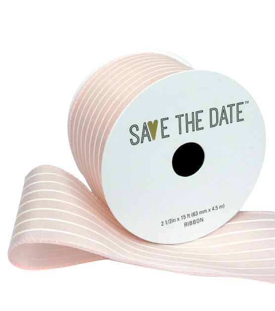 Save the Date 2.5" x 15' White Stripes on Blush Ribbon