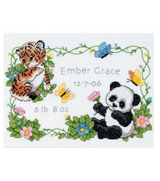 Dimensions 12" x 9" Baby Animals Birth Record Stamped Cross Stitch Kit