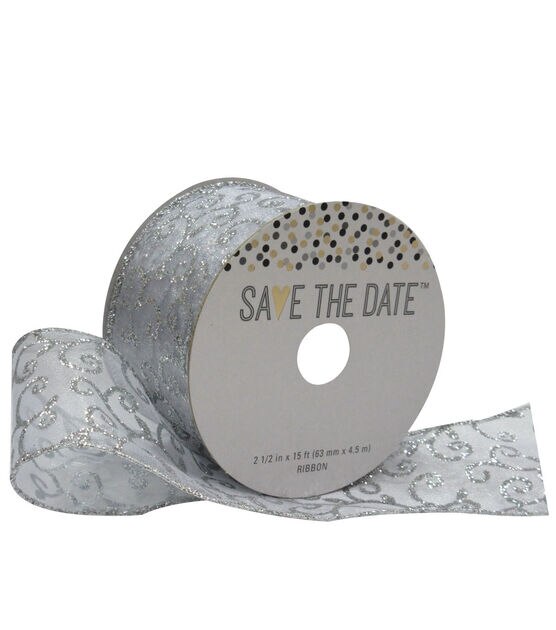 Save the Date 2.5" x 15' Silver Swirl Ribbon