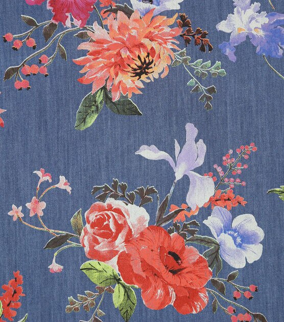 Blue Mum & Iris Floral Cotton Denim Fabric, , hi-res, image 3