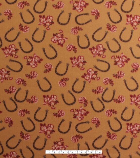 Horseshoes & Roses on Brown Blizzard Fleece Fabric, , hi-res, image 2