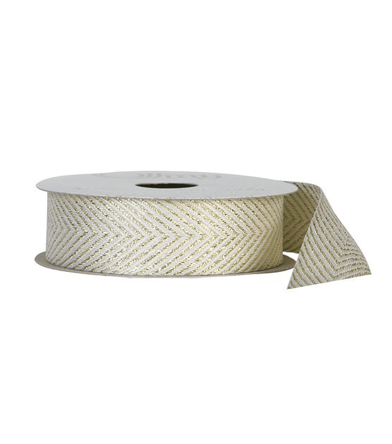 Offray Woven Ribbon 7/8''x9' Gold Chevrons on White
