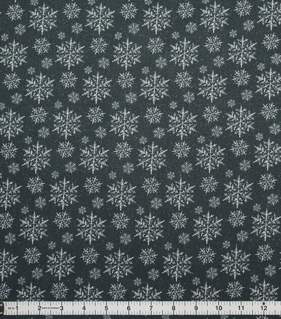 Small & Large Snowflakes on Green Christmas Glitter Cotton Fabric