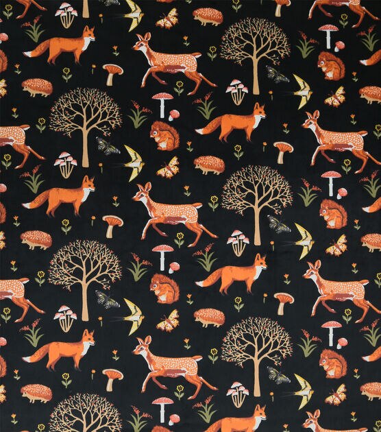 Woodland Animals on Black Soft and Minky Fleece Fabric