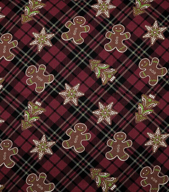 Gingerbread On Red Plaid Christmas Cotton Fabric