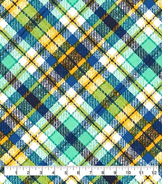 Green Blue Yellow Textured Bias Plaid Super Snuggle Flannel Fabric, , hi-res, image 3