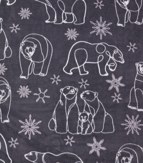 Line Drawn Bears & Snowflakes Gray Anti Pill Fleece Fabric