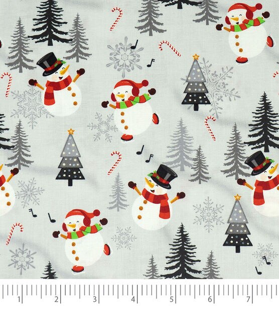Singer Winter Snowmen on Gray Christmas Cotton Fabric