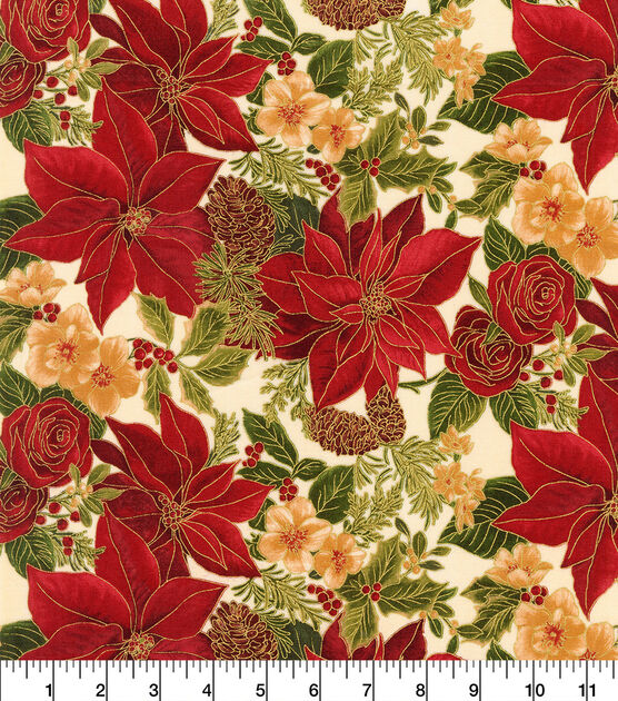 Robert Kaufman Poinsettias on Cream Christmas Metallic Cotton Fabric, , hi-res, image 2