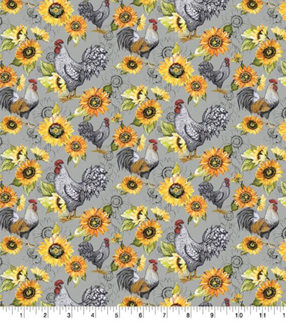 Sunflower Garden And Chickens Premium Cotton Fabric