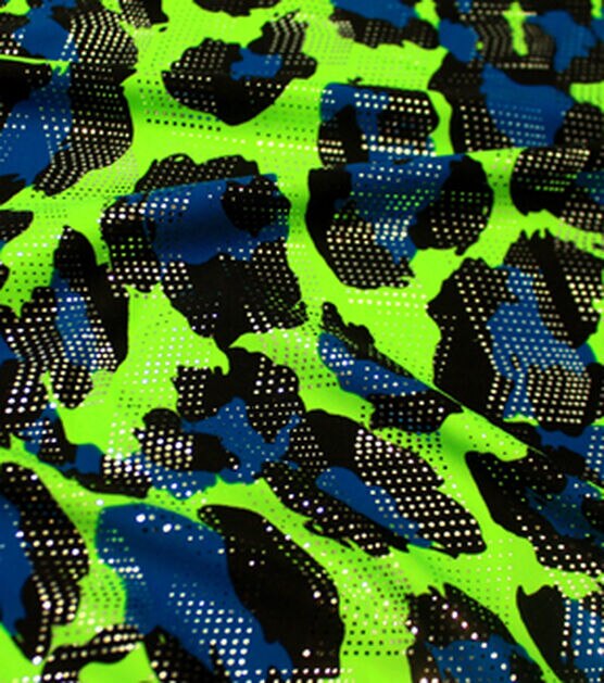 Performance Silver Foil Big Cat Fabric Lime Blue