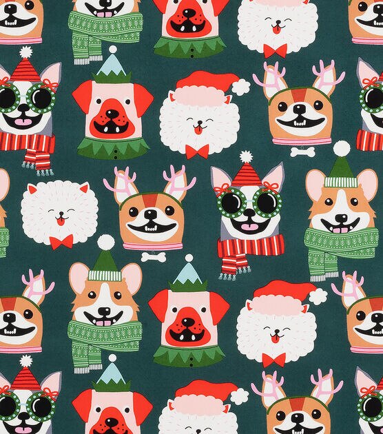 Canine on Green Christmas Cotton Fabric