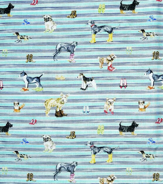 Dogs On Stripes Teal Novelty Cotton Fabric, , hi-res, image 1