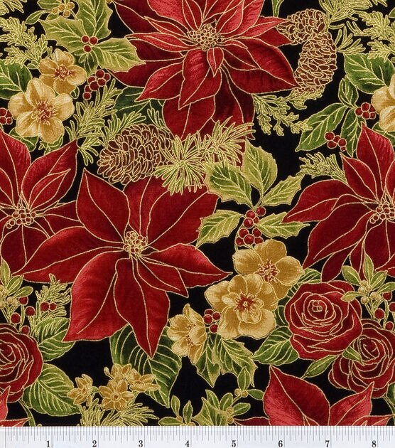 Robert Kaufman Poinsettias on Black Christmas Metallic Cotton Fabric