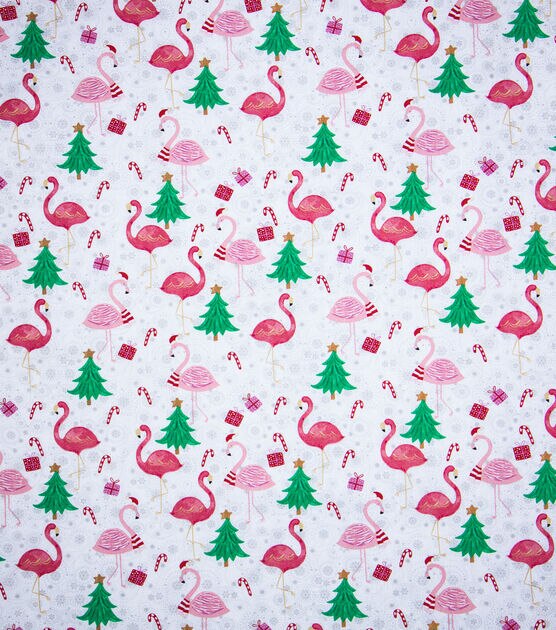 Flamingos & Trees on White Christmas Cotton Fabric, , hi-res, image 2