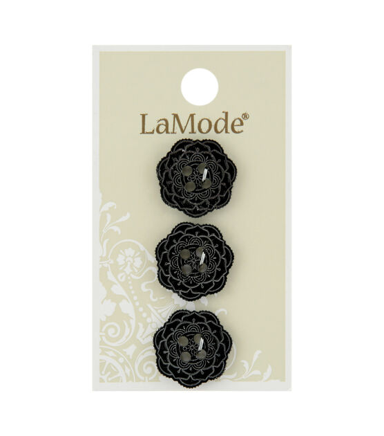 La Mode 11/16" Black Mirrored Flower 4 Hole Buttons 3pk