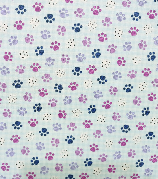 Blue Paws On Gingham Novelty Cotton Fabric