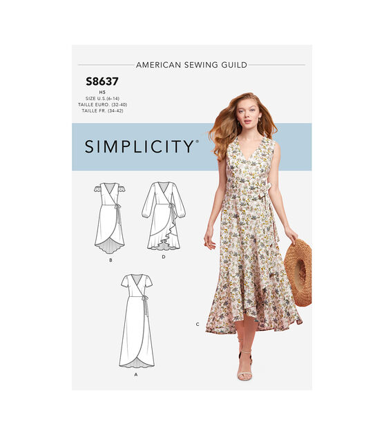 Simplicity Pattern S8637  Miss Asg Wrap Dress Size U5 (16-18-20-22-24)